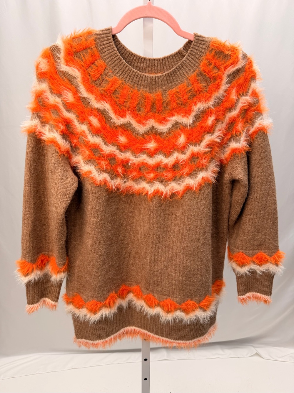 Marc New York Andrew Marc Fuzzy Yoke Fair Isle Sweater Orange Tan Size M